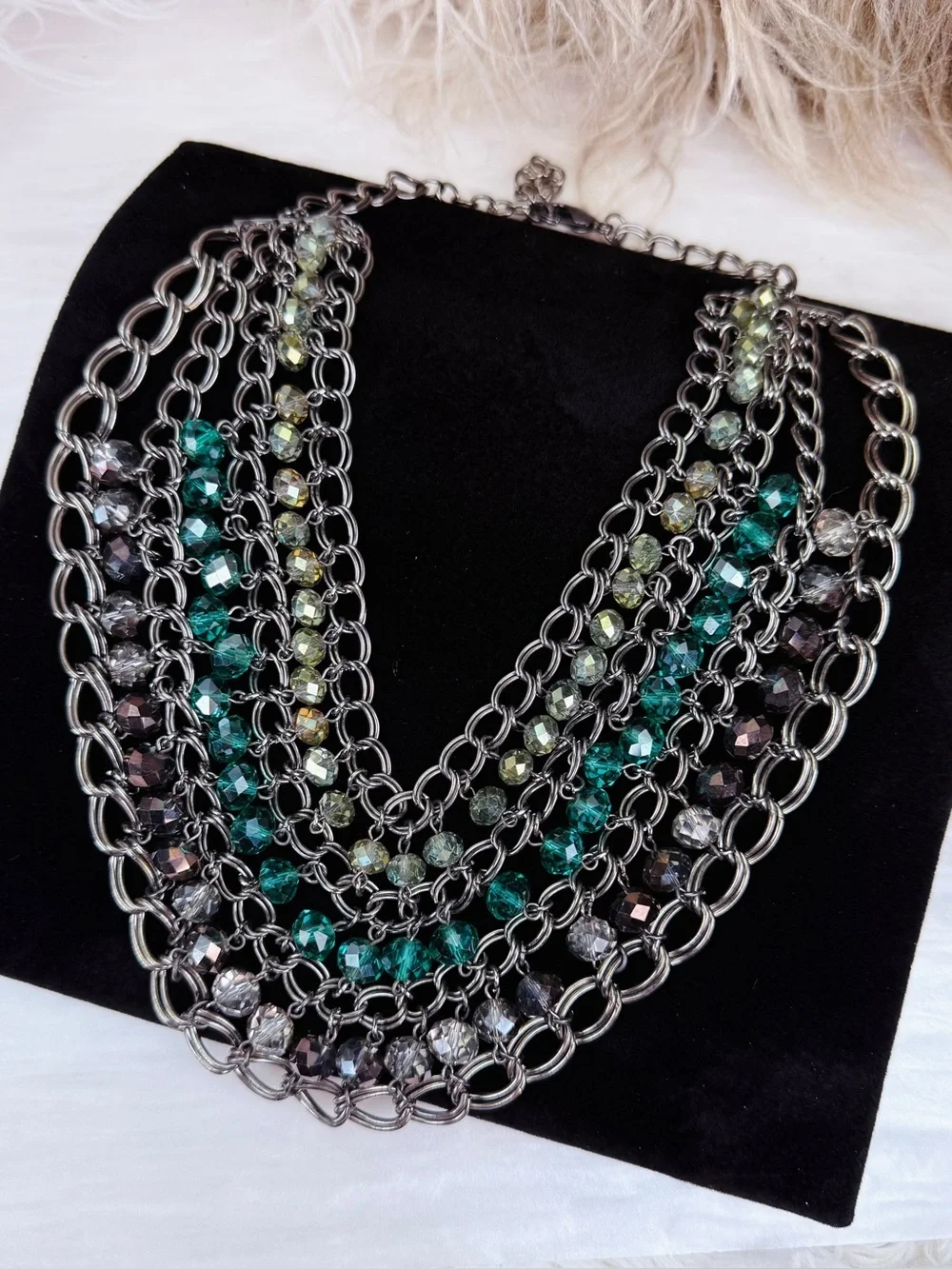 Multi Strand Dark Silver Tone Chain Teal Faceted Bead Bib Statement Necklace